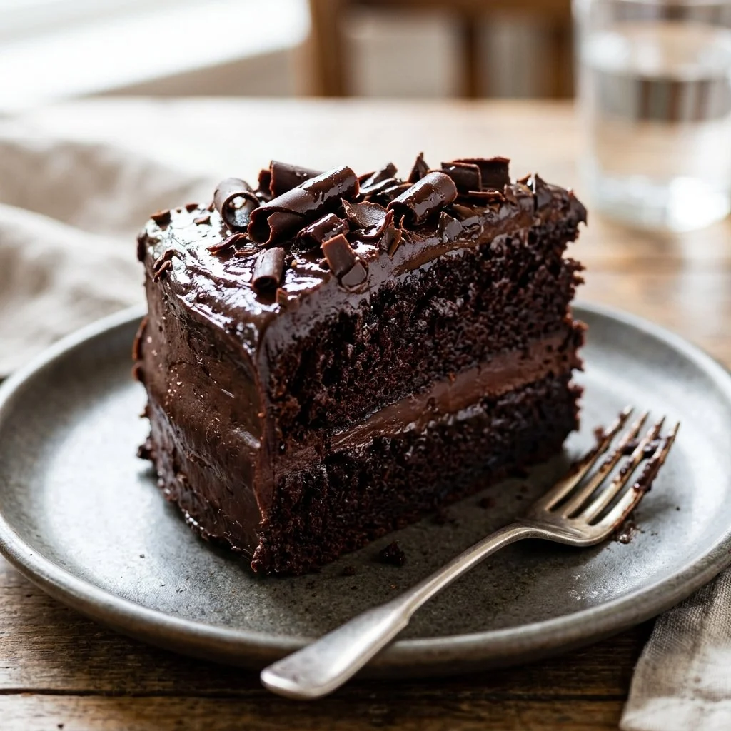 Decadent Death By Chocolate Cake with layers of rich chocolate frosting