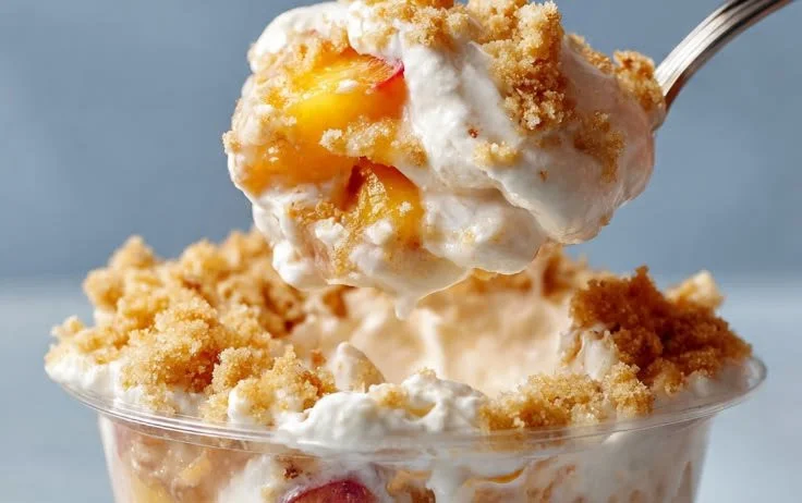 Dessert cups filled with homemade peach cobbler topped with whipped cream.