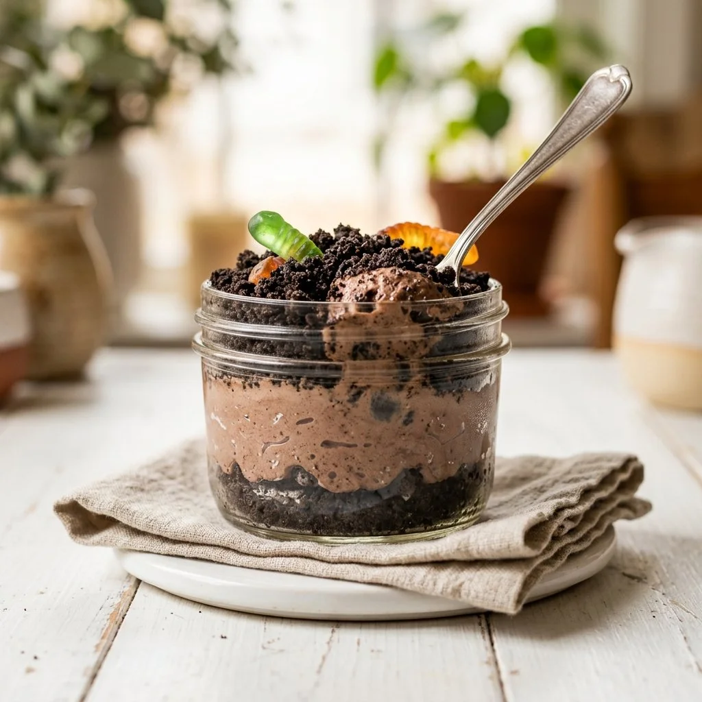 Delicious homemade dirt cake with chocolate cream and gummy worms