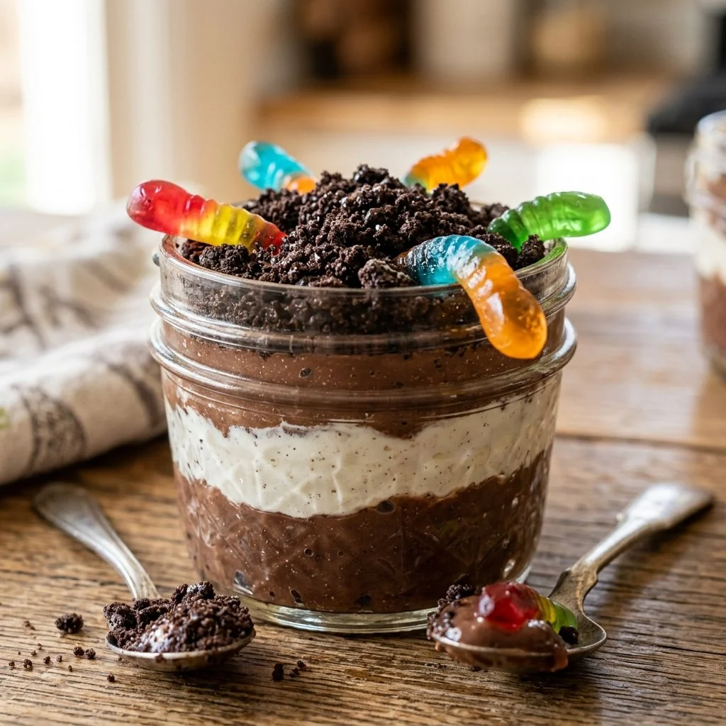 A delicious bowl of Dirt Pudding dessert topped with gummy worms and crushed cookies.