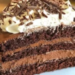 Decadent double layer chocolate fudge cake with rich chocolate frosting