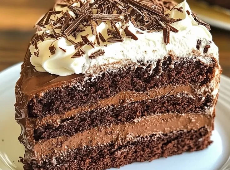Decadent double layer chocolate fudge cake with rich chocolate frosting