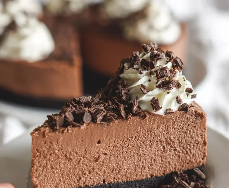 No bake chocolate cheesecake with a rich, creamy texture and chocolate topping
