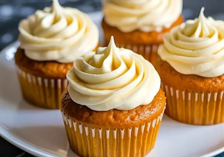 Delicious homemade pumpkin cupcake topped with cream cheese frosting