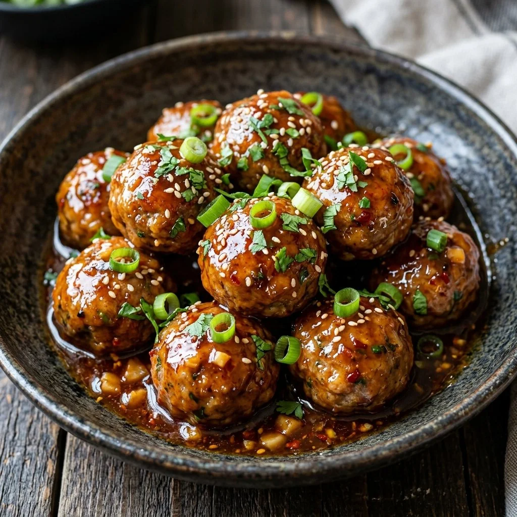 Delicious firecracker meatballs served in a spicy sauce