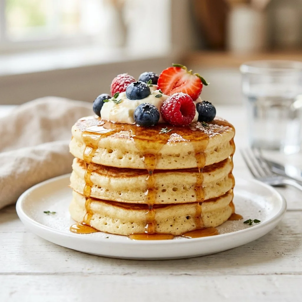 Delicious fluffy pancakes stacked with syrup and berries