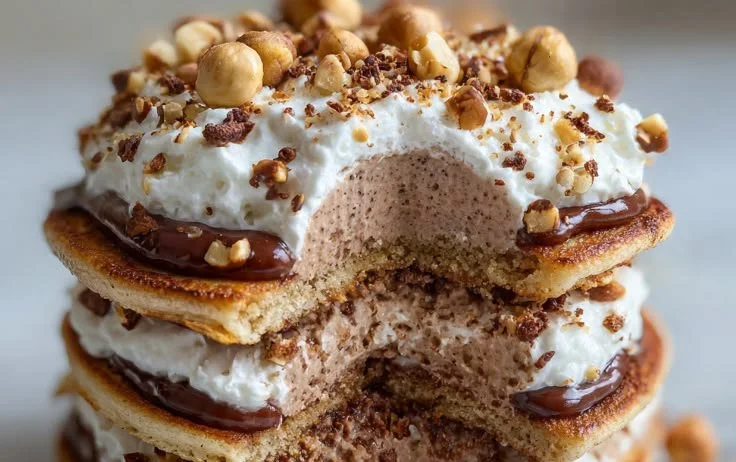 Delicious fluffy pancakes topped with chocolate hazelnut spread