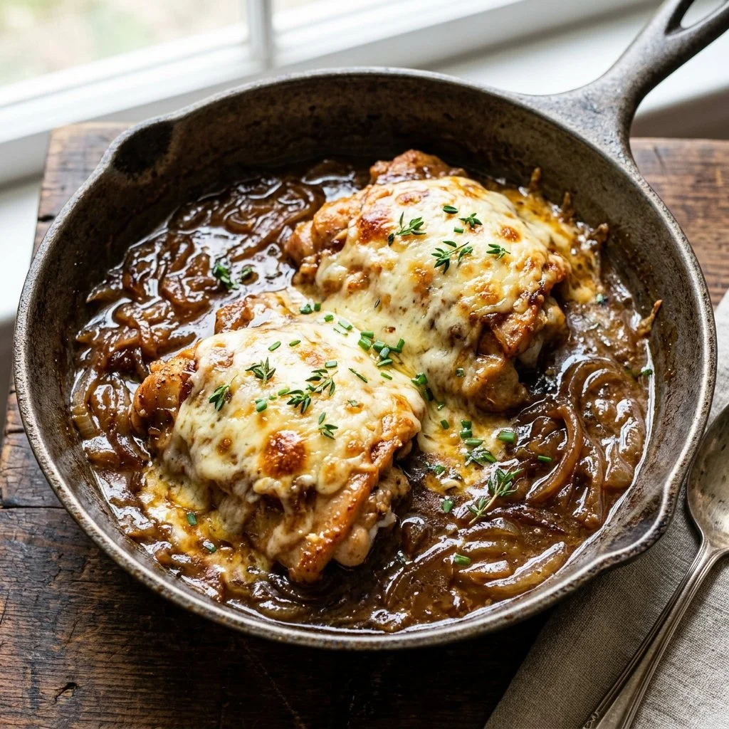 Delicious French onion chicken topped with melted cheese and caramelized onions