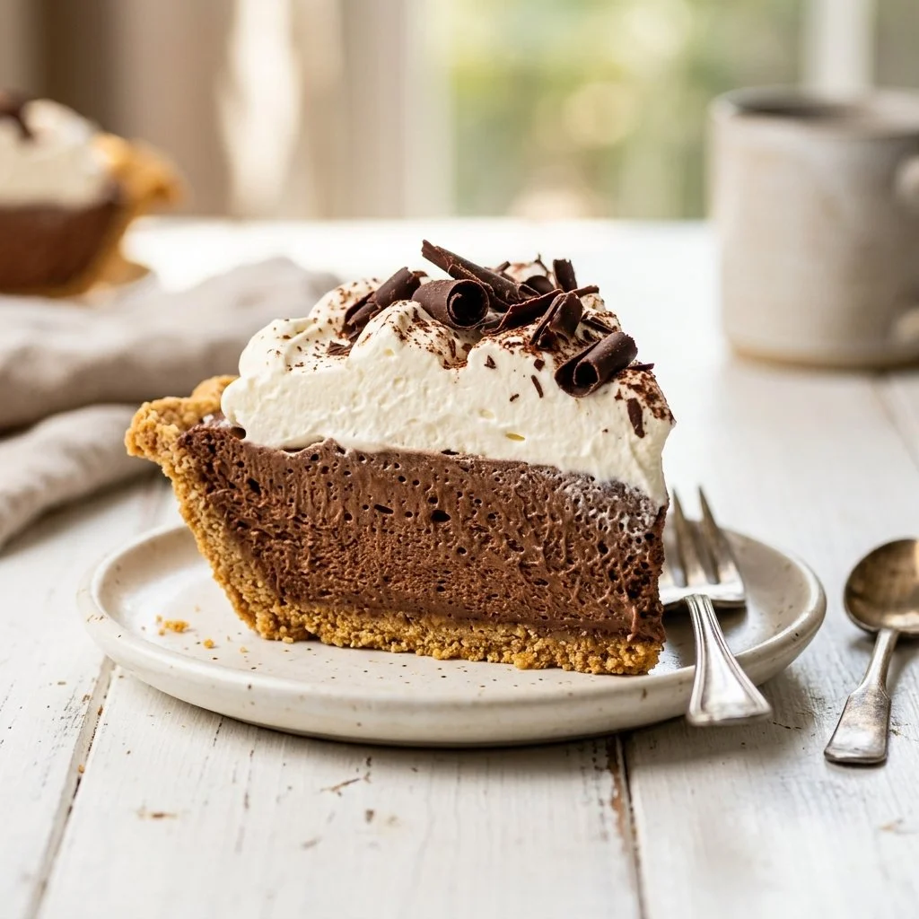 Delicious homemade French silk pie on a table.