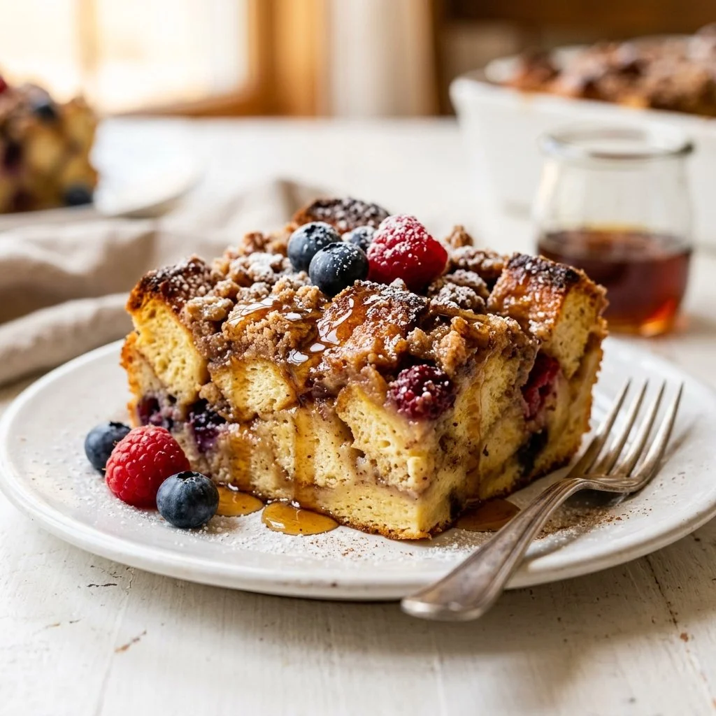 Delicious french toast casserole baked to perfection with syrup on top.
