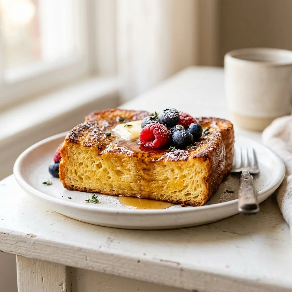 Deliciously prepared French toast served on a plate with syrup and berries