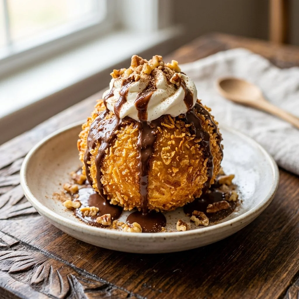 Delicious fried ice cream dessert served with toppings