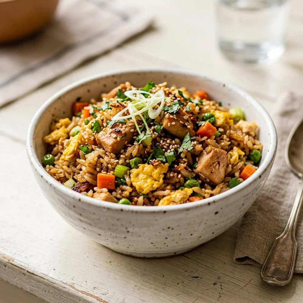 Delicious homemade fried rice served in a bowl with vegetables
