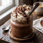 Delicious frozen hot chocolate topped with whipped cream and chocolate shavings