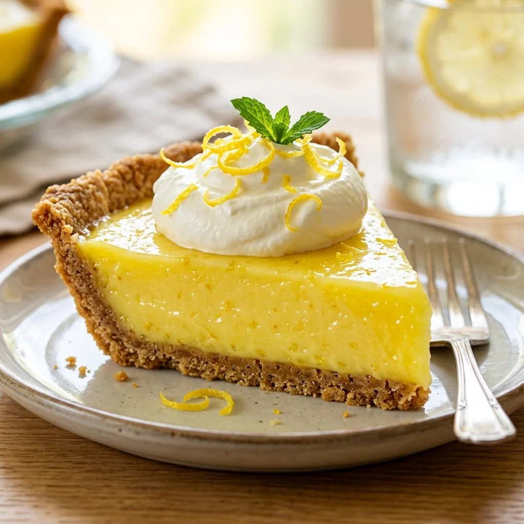 Delicious Frozen Lemonade Pie served on a platter with fresh lemon slices.