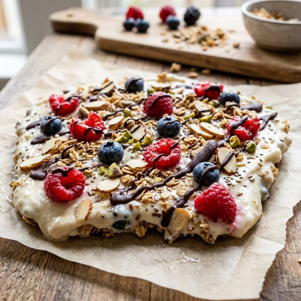 Delicious frozen yogurt bark topped with fresh berries and nuts.