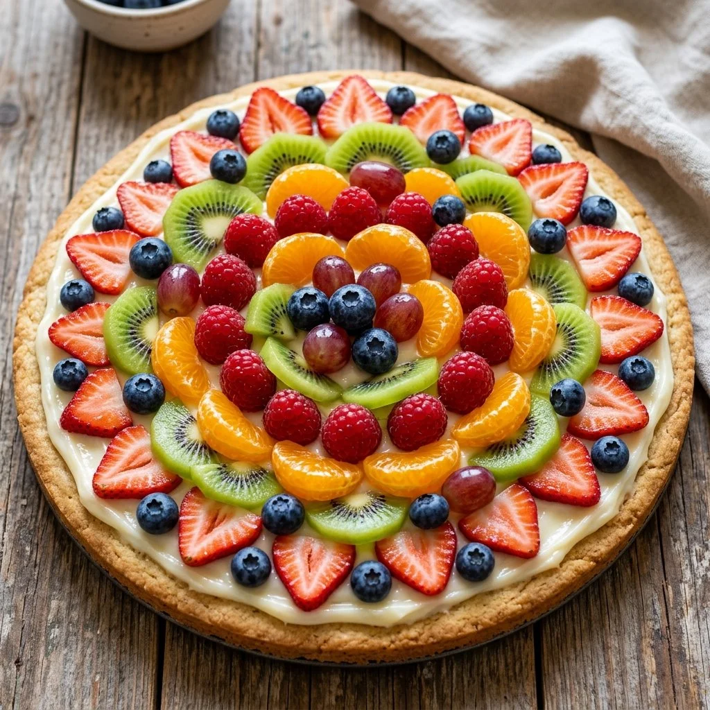 A colorful sliced fruit pizza topped with fresh fruits and cream.