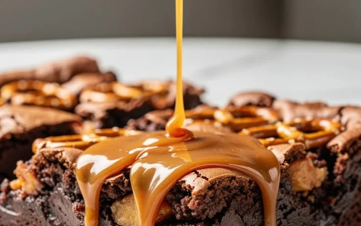 Delicious fudgy brownies with caramel drizzle and pretzel topping