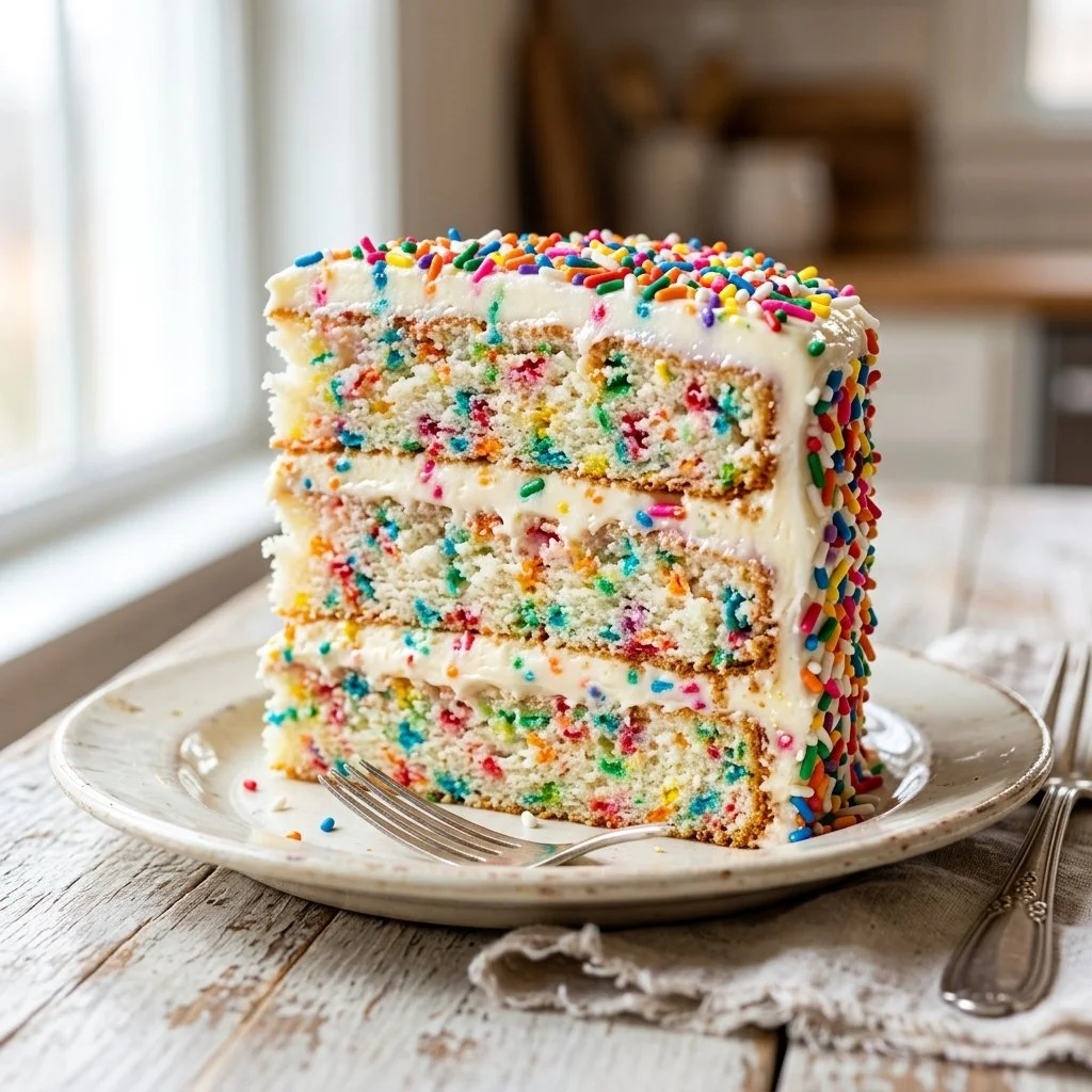Delicious Funfetti Cake topped with colorful sprinkles and cream frosting.