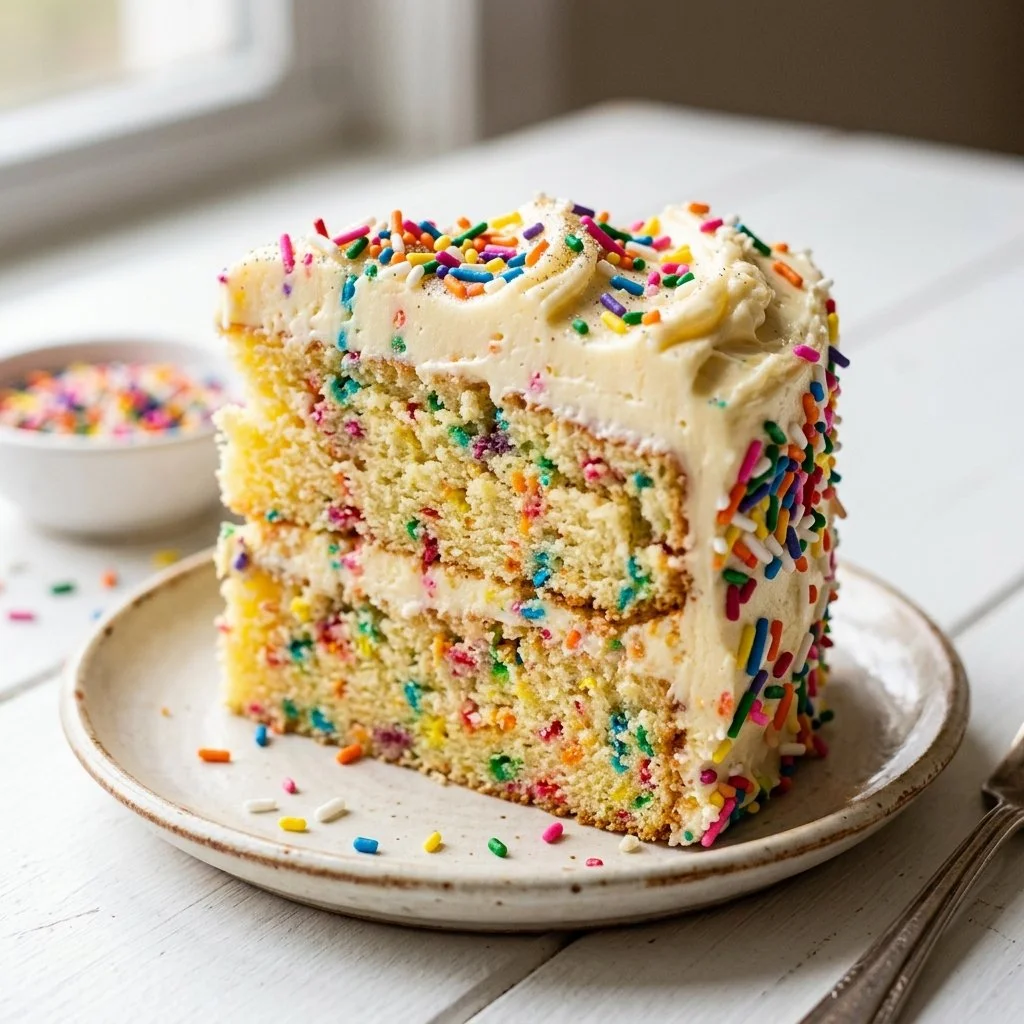 Delicious homemade funfetti cake topped with colorful sprinkles