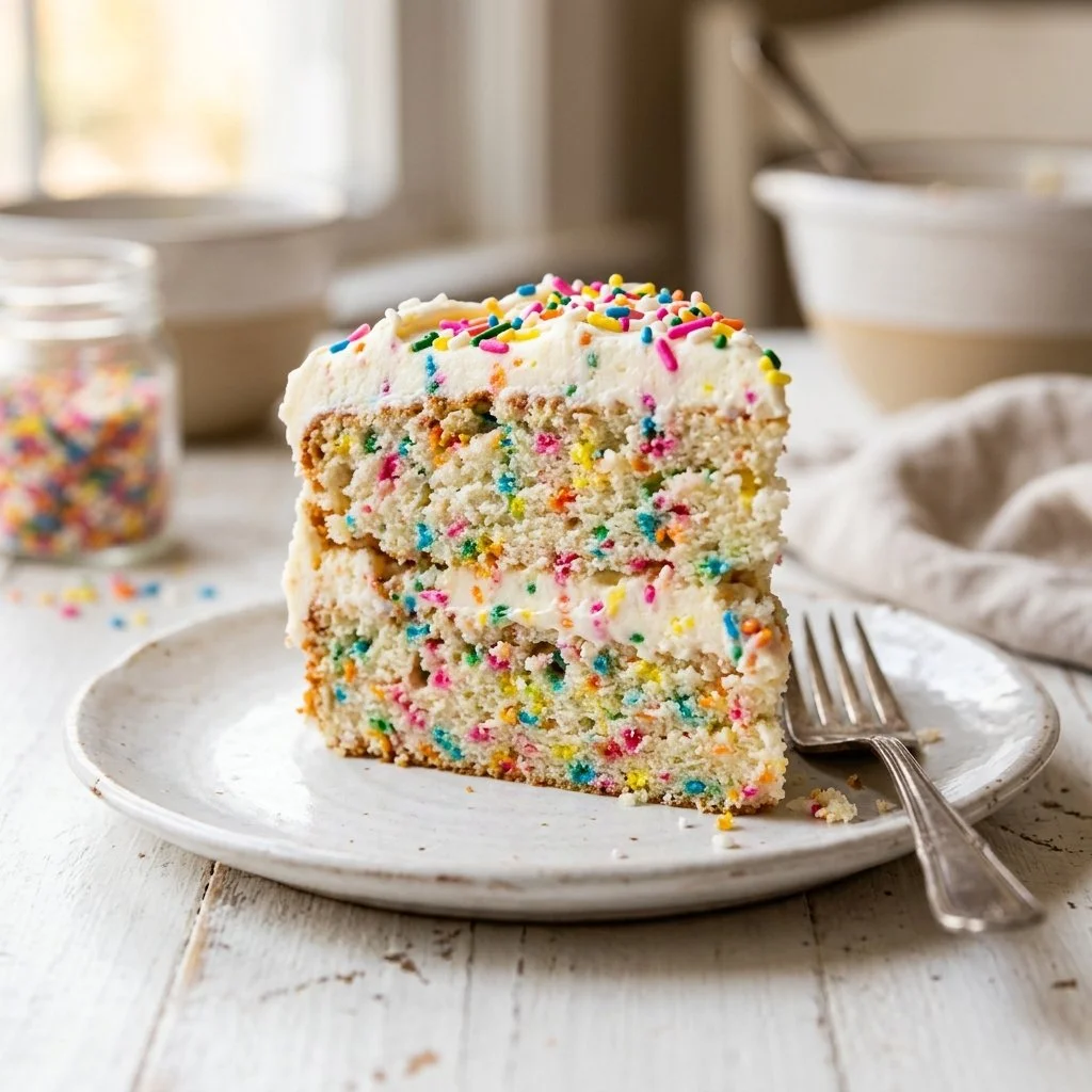 Delicious funfetti cake topped with colorful sprinkles and frosting.