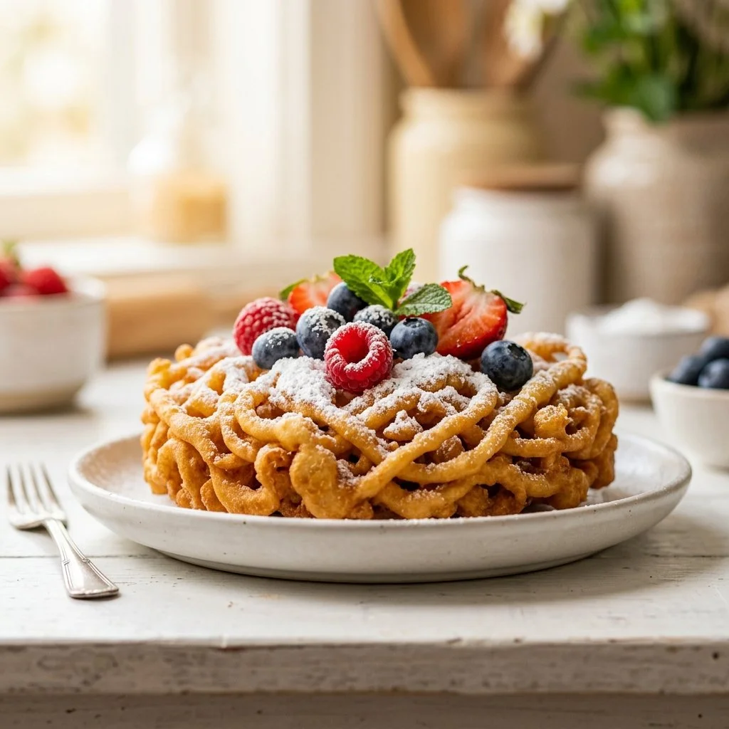 Homemade funnel cake drizzled with powdered sugar, served on a plate.