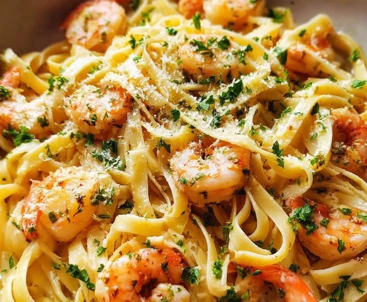 Delicious garlic butter shrimp pasta in a bowl with parsley garnish