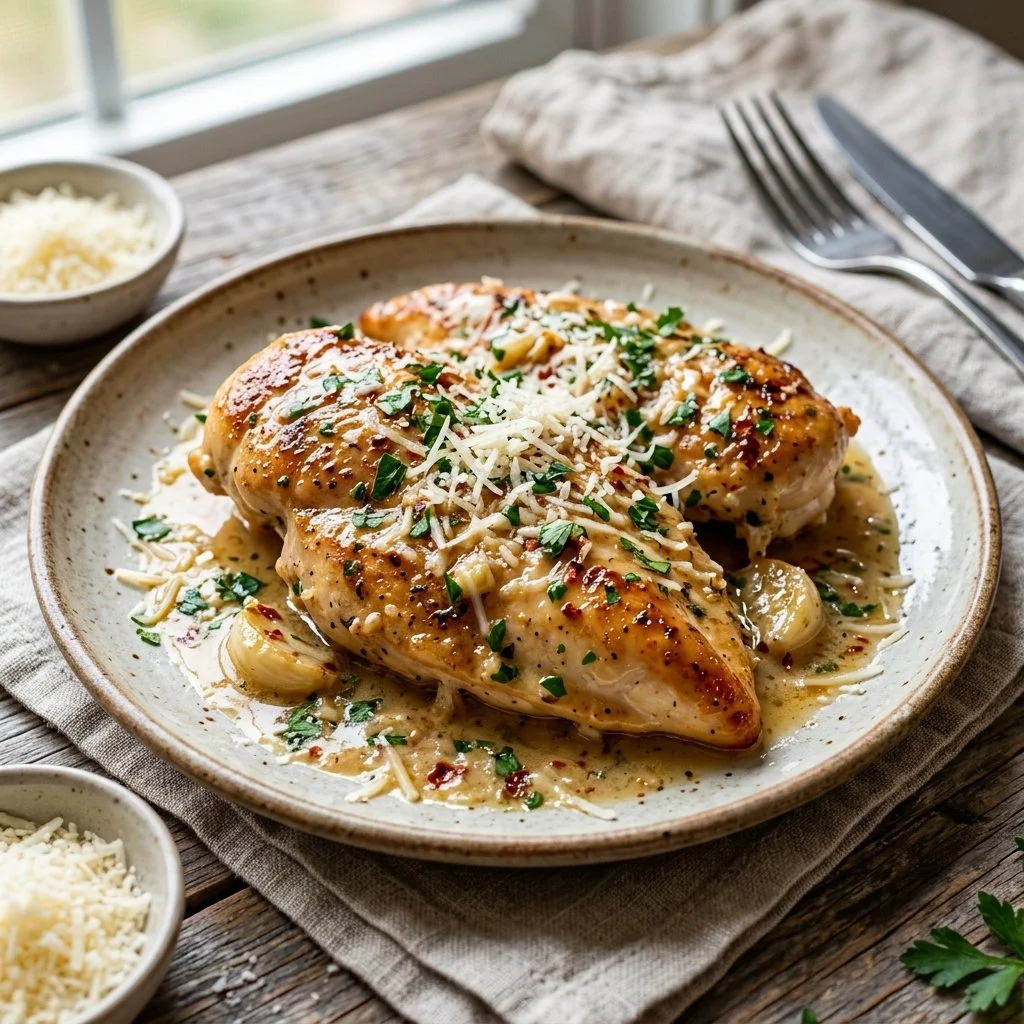 Delicious Garlic Parmesan Chicken garnished with herbs on a plate