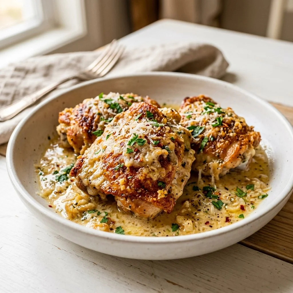 Delicious garlic parmesan chicken served on a plate with herbs