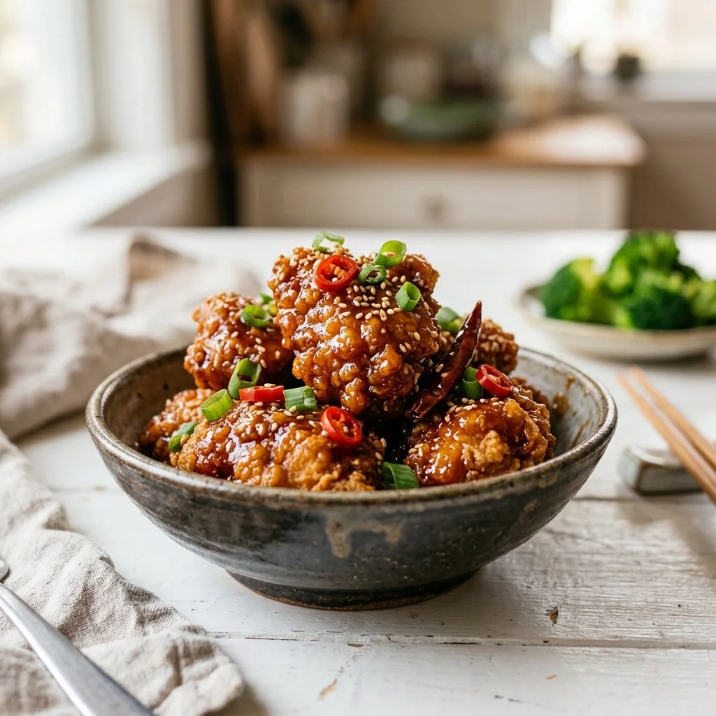 Delicious General Tso chicken served with steamed rice and vegetables