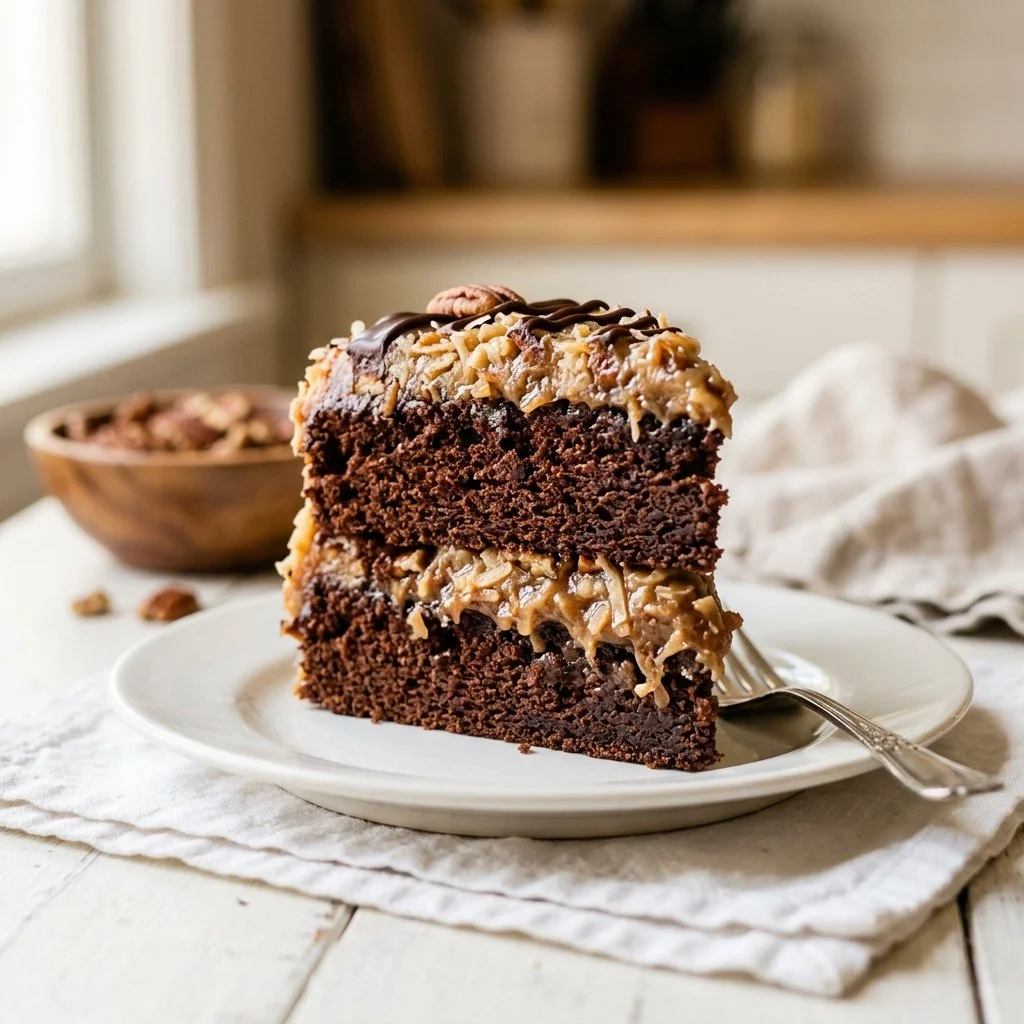 Slice of decadent German chocolate cake on a plate