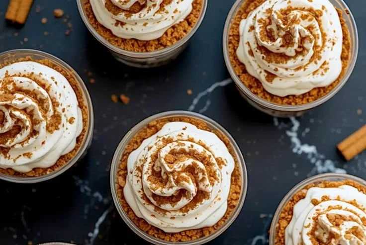 Delicious Gingerbread Cheesecake Parfaits topped with whipped cream and gingerbread crumbs