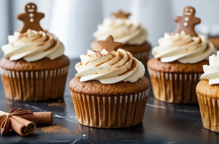 Gingerbread cupcakes with cream cheese frosting served on a festive plate