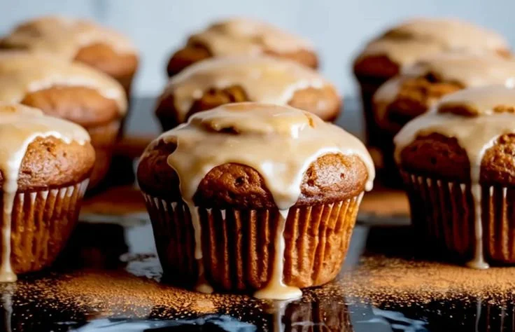 Gingerbread muffins drizzled with maple glaze on a rustic wooden table