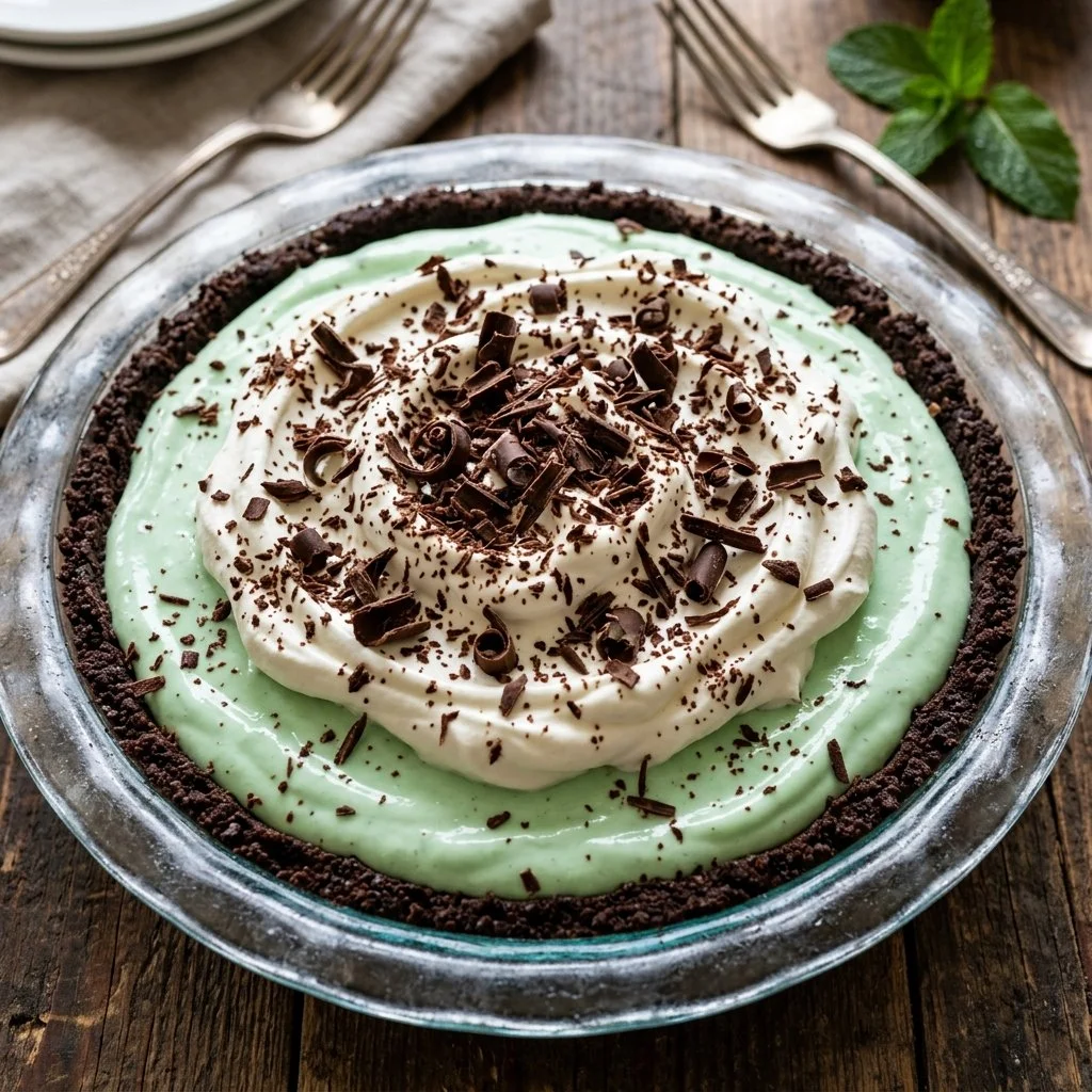 Delicious homemade Grasshopper Pie topped with mint and chocolate