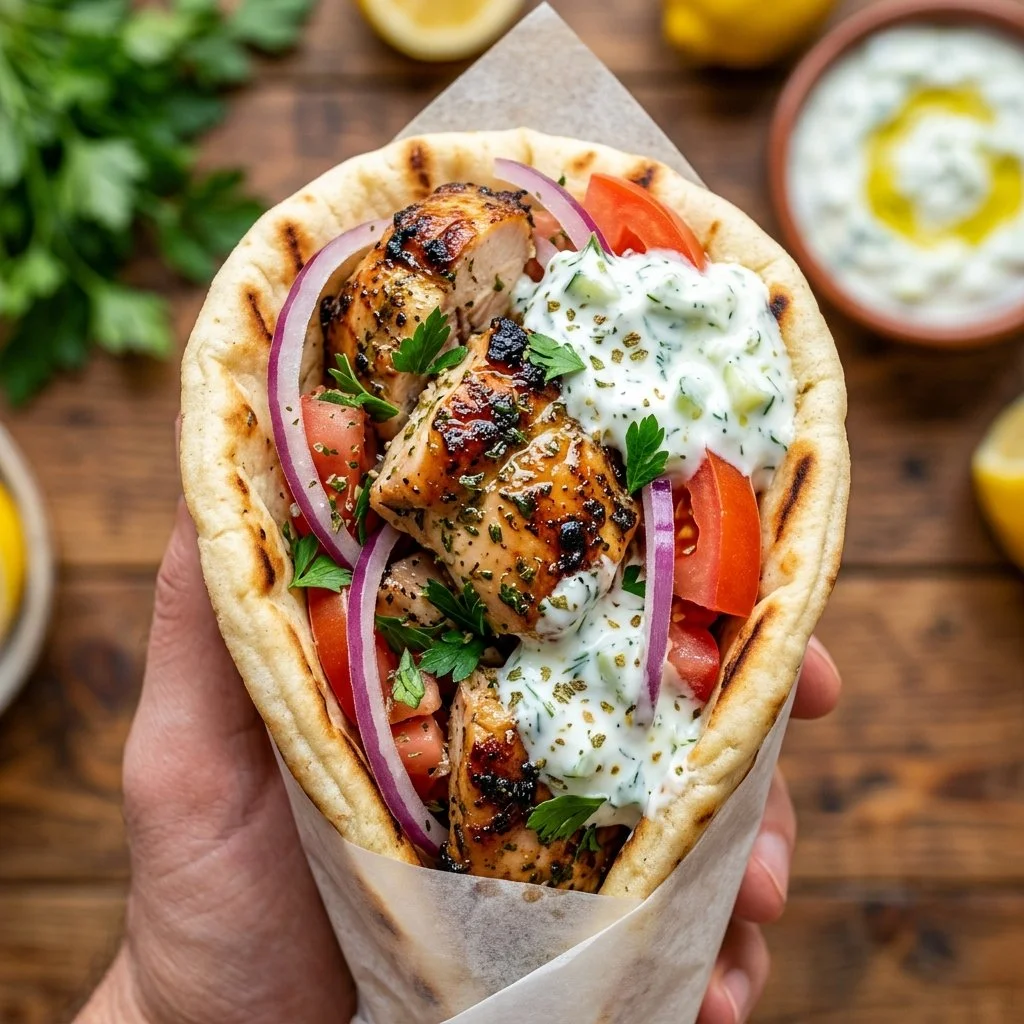 Delicious Greek Chicken Gyros with seasoned chicken and fresh toppings in pita