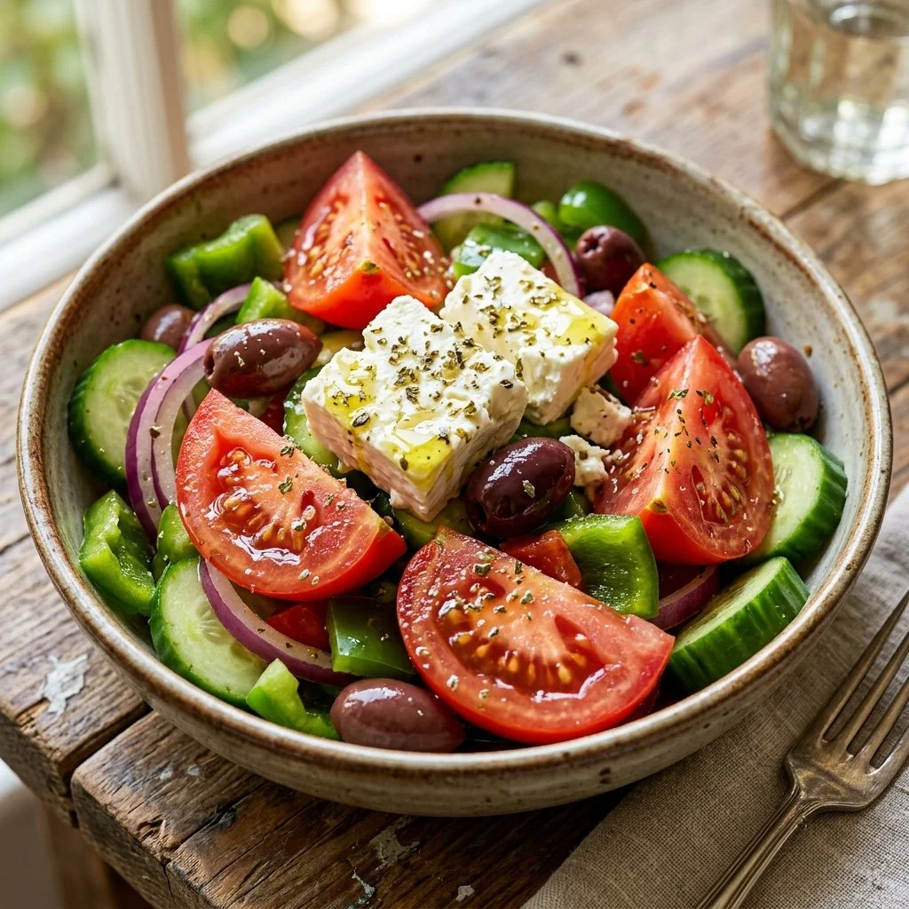 A colorful Greek Salad with fresh vegetables, olives, and feta cheese.