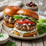 Greek turkey burgers with herbs and feta cheese on a serving plate