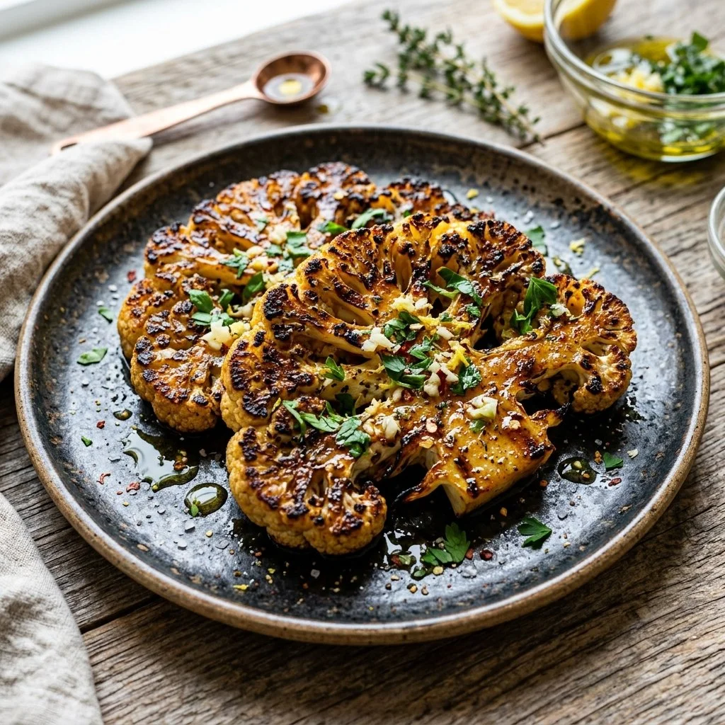Grilled cauliflower steaks served on a plate with herbs and spices