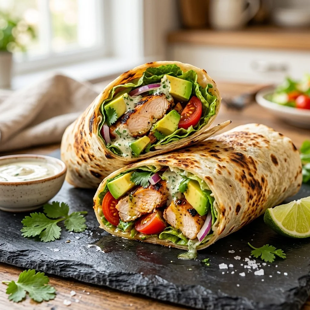 Grilled chicken avocado wraps filled with fresh ingredients on a plate
