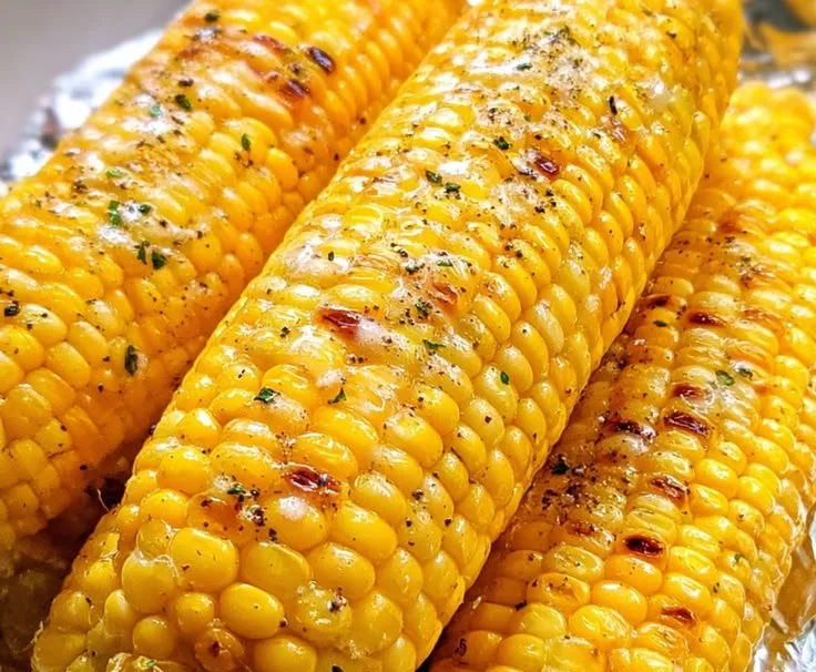 Grilled foil-wrapped corn on the cob ready to be served at a summer barbecue.