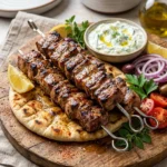 Delicious grilled pork souvlaki skewers served with fresh vegetables.