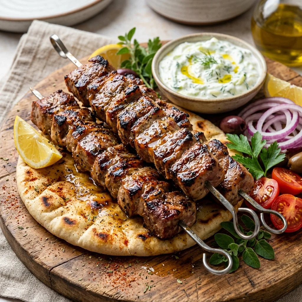 Delicious grilled pork souvlaki skewers served with fresh vegetables.