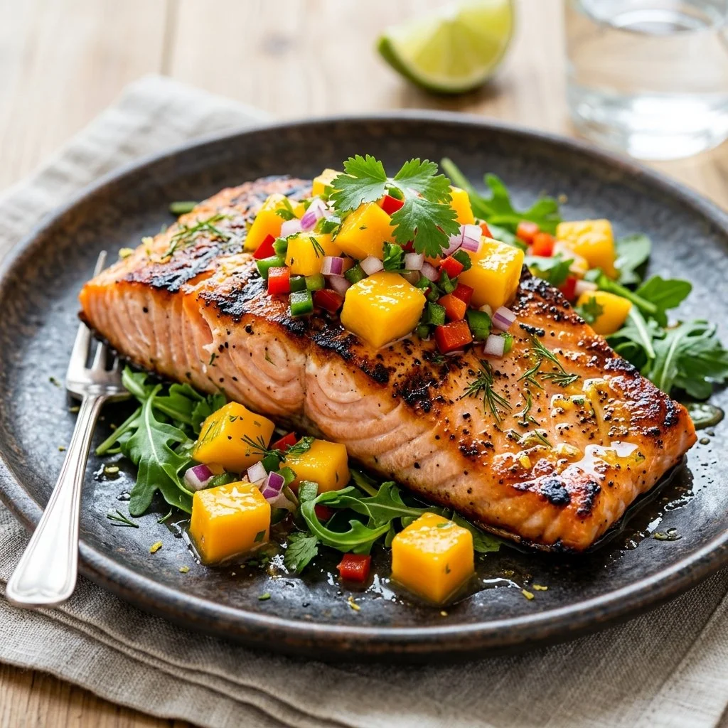 Grilled salmon fillet served with vibrant mango salsa