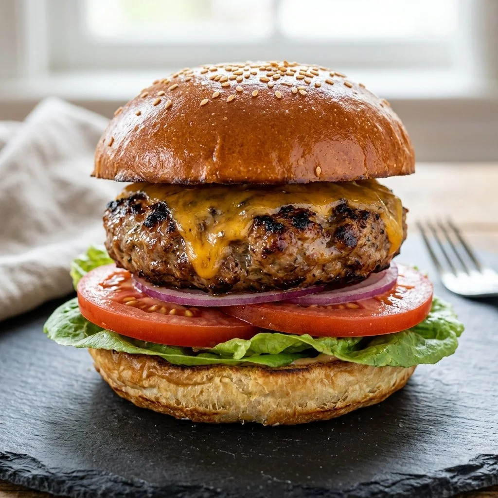 Delicious grilled turkey burgers served on a wooden platter with fresh toppings