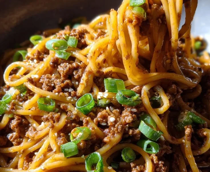 Plate of Ground Beef Mongolian Noodles garnished with green onions