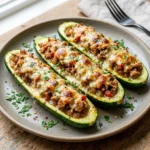 Ground turkey stuffed zucchini fresh out of the oven with herbs and cheese