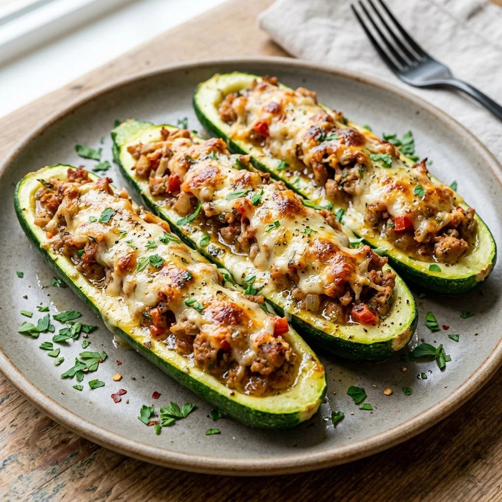 Ground turkey stuffed zucchini fresh out of the oven with herbs and cheese