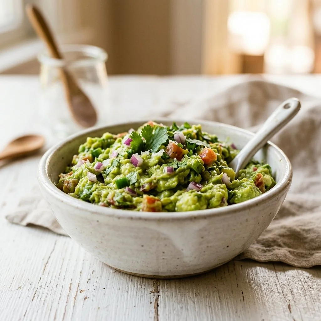 Delicious homemade guacamole served with tortilla chips