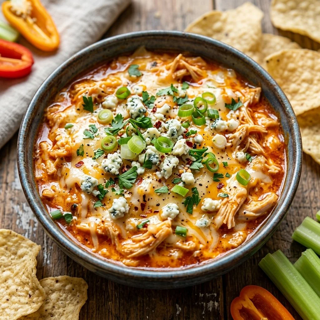 Healthy Buffalo Chicken Dip served in a bowl with tortilla chips